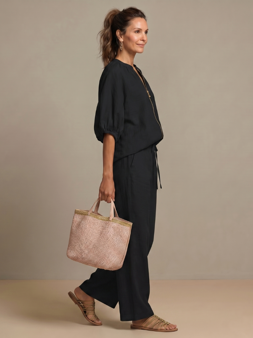 Isadora™ | Zip Front Blouson Top Wide Leg Set