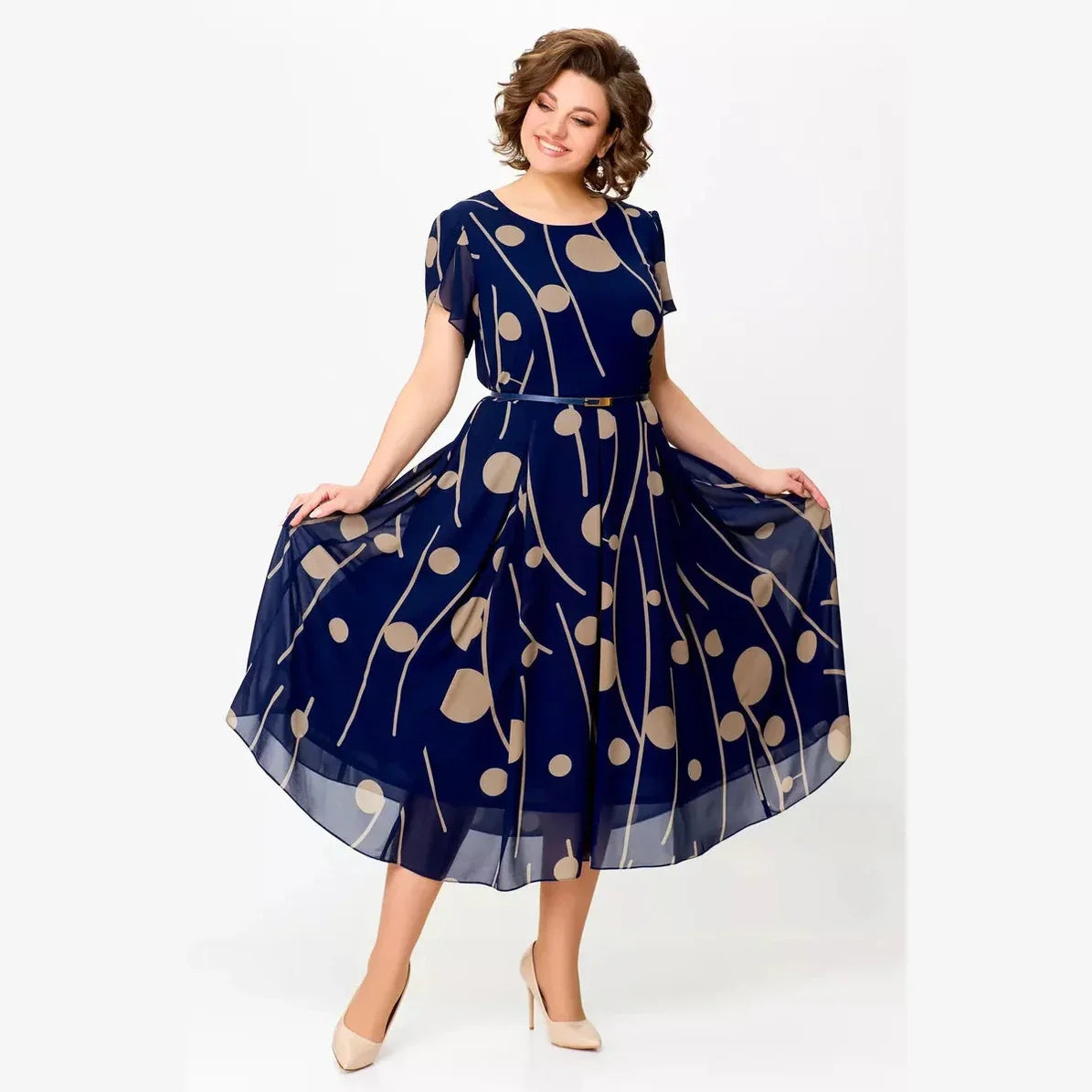 Janelle™ | Navy Dot Print Midi Dress