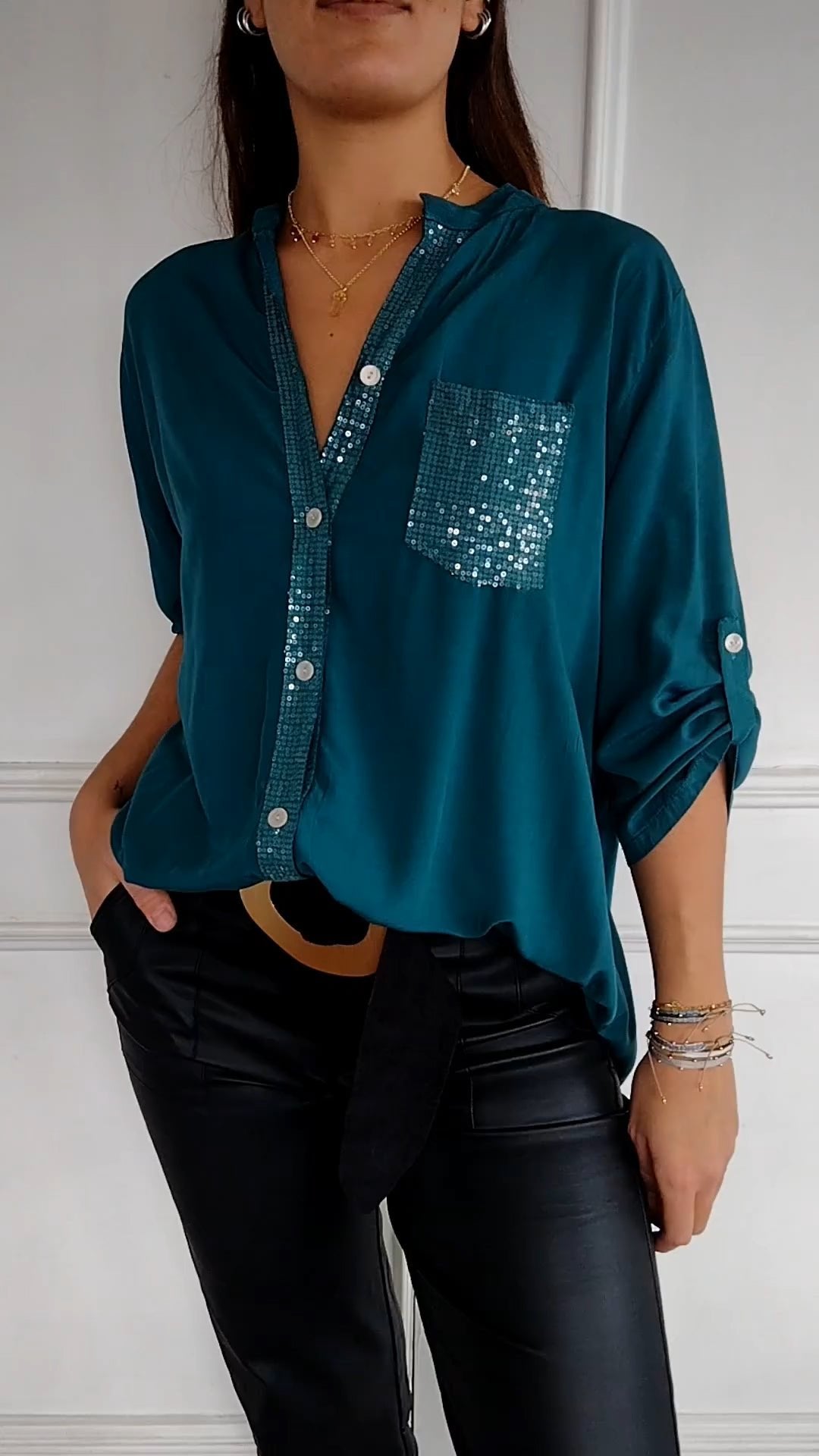 Lucette™ | Sequin Trim Button-Up Shirt