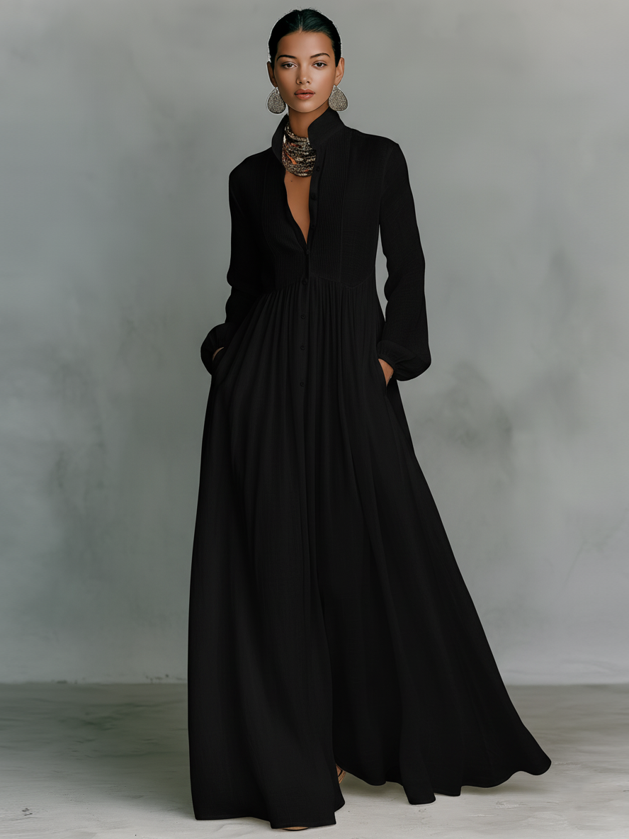 Genevieve | High-Collar Button-Front Maxi Dress
