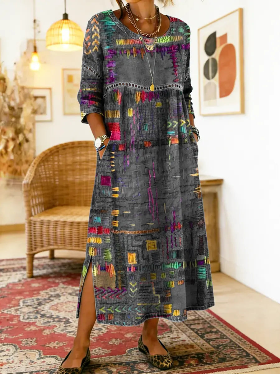 Frondine™ | Patchwork Ethnic Midi Dress