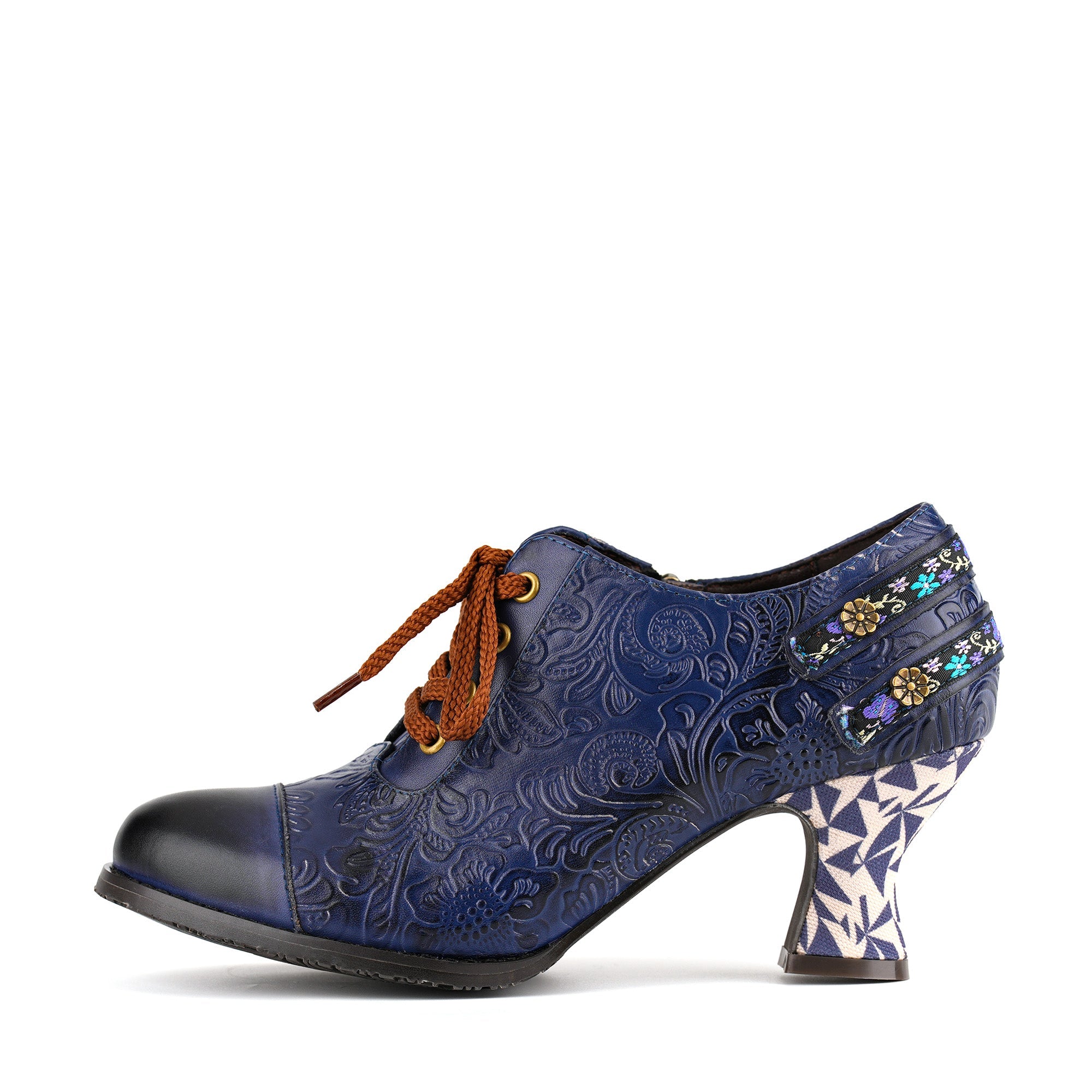 Nicolasa™ | Floral Embossed Lace-Up Heels
