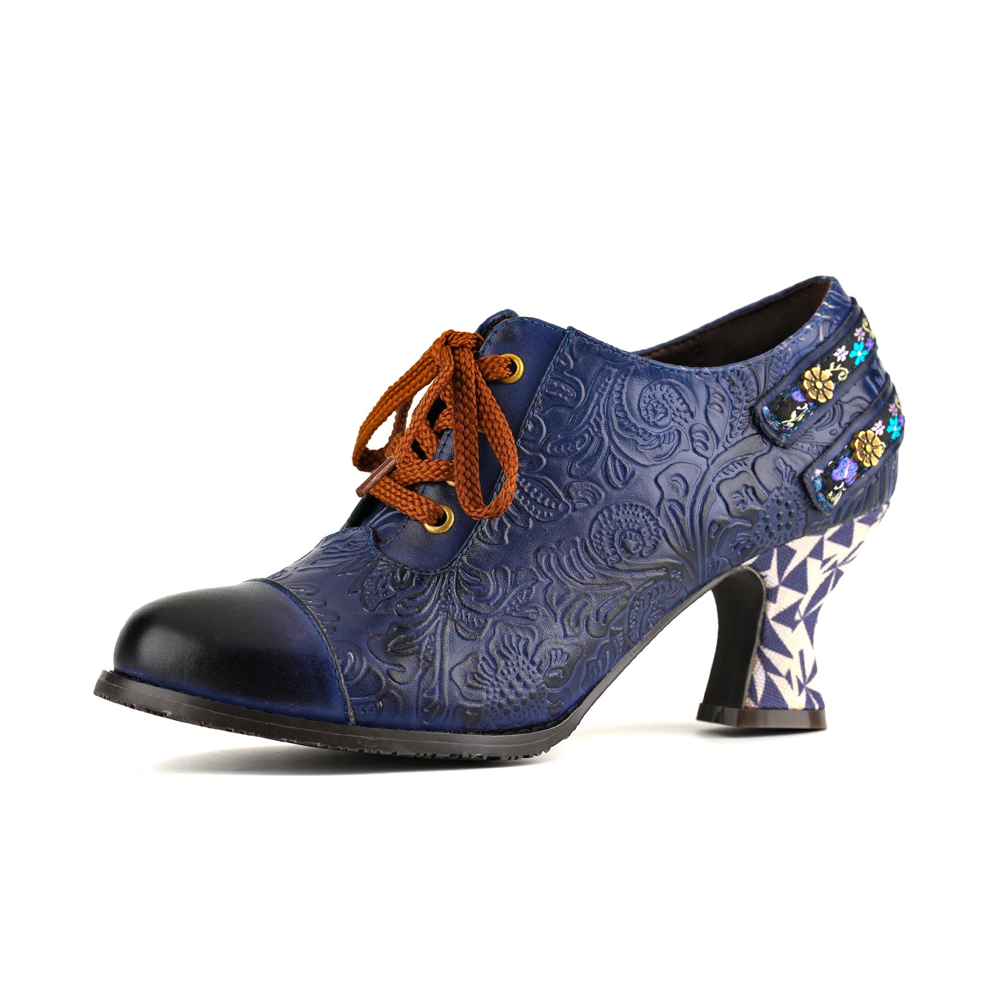 Nicolasa™ | Floral Embossed Lace-Up Heels