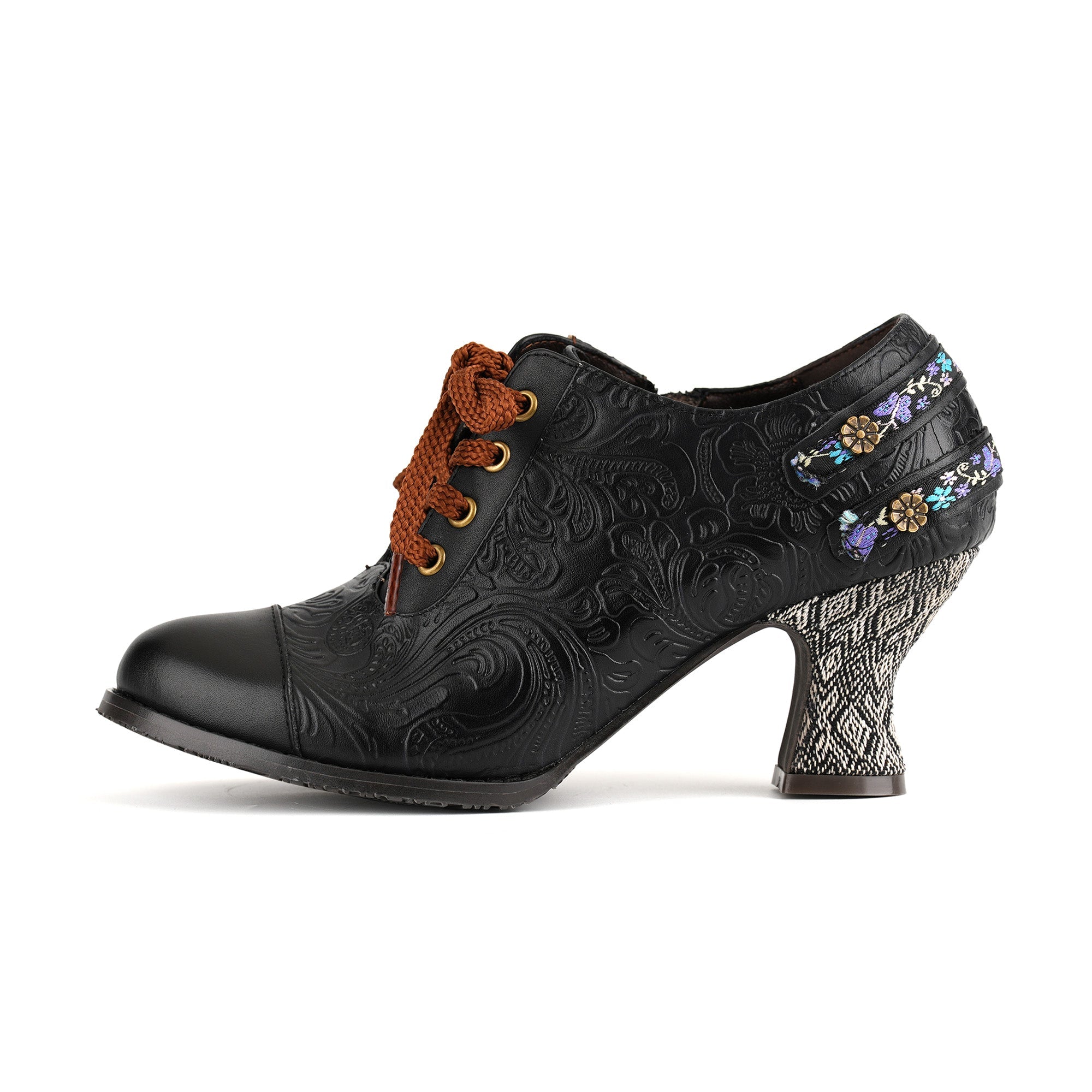 Nicolasa™ | Floral Embossed Lace-Up Heels