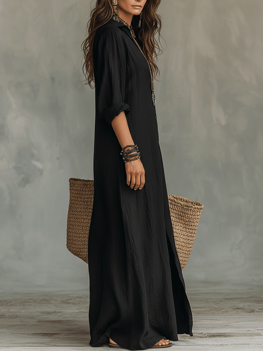 Greta™ | Button-Front Bohemian Shirt Maxi Dress