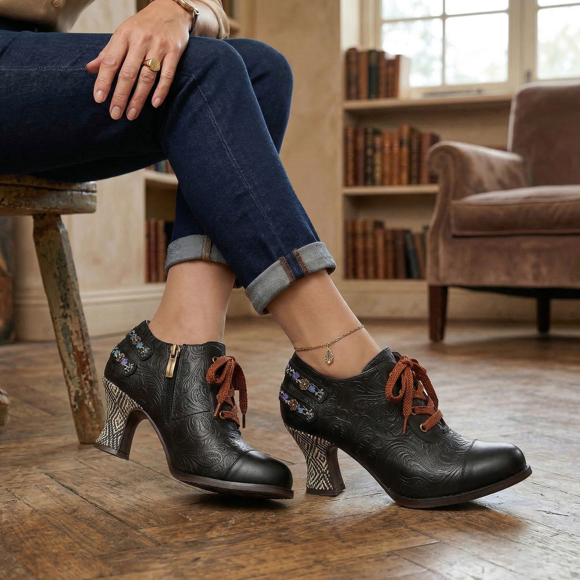 Nicolasa™ | Floral Embossed Lace-Up Heels