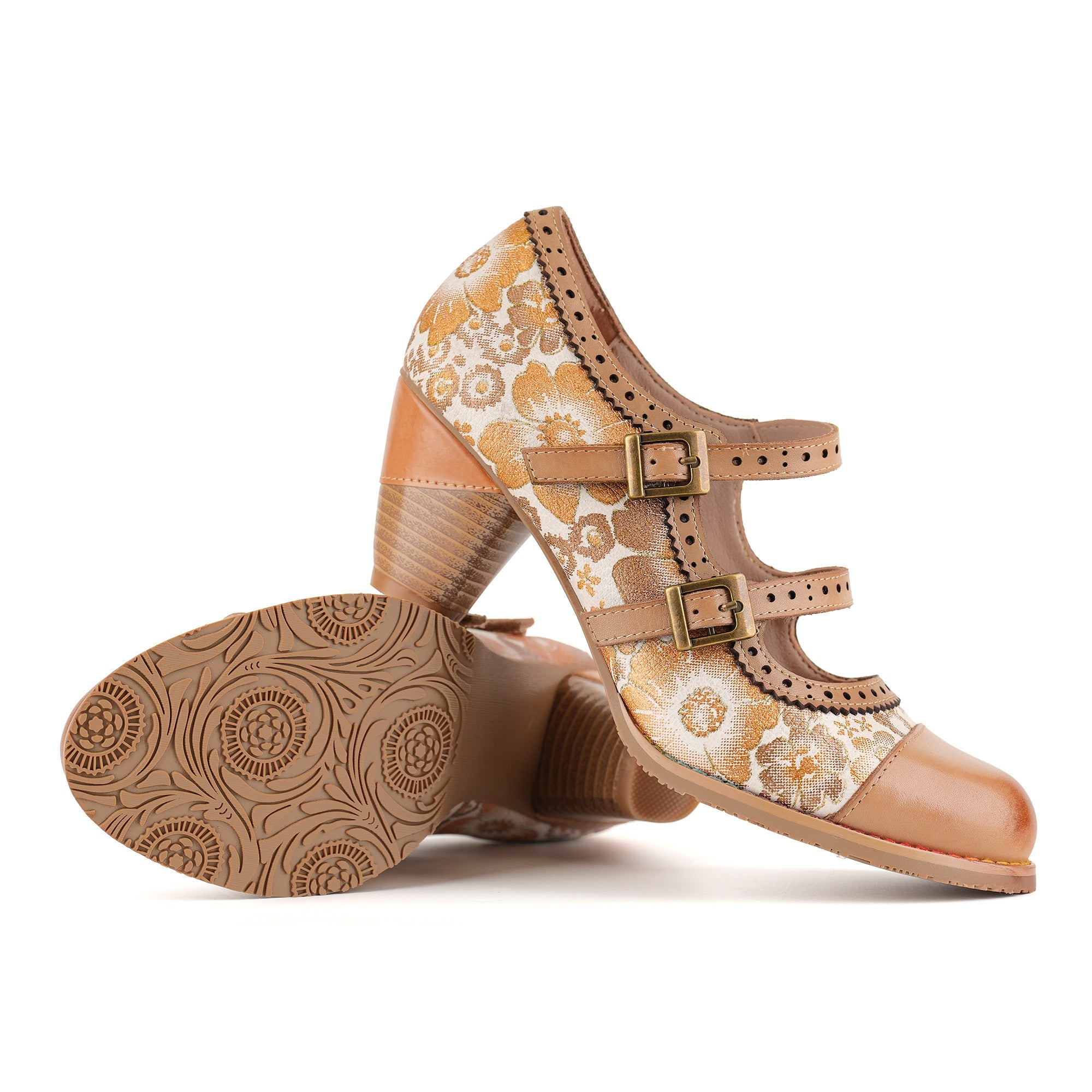 Dorianne™ | Double Buckle Strap Floral Mary Jane Heel