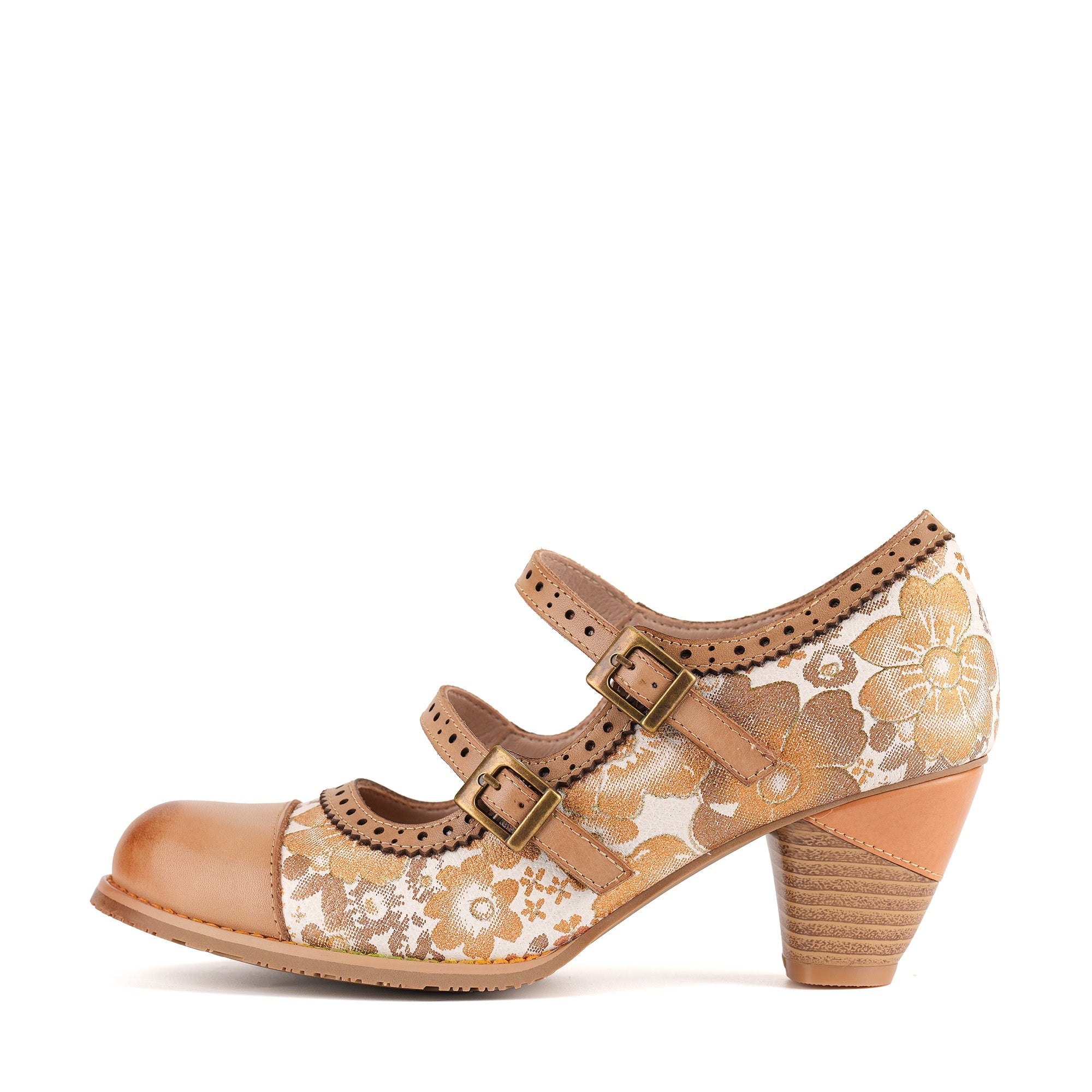 Dorianne™ | Double Buckle Strap Floral Mary Jane Heel