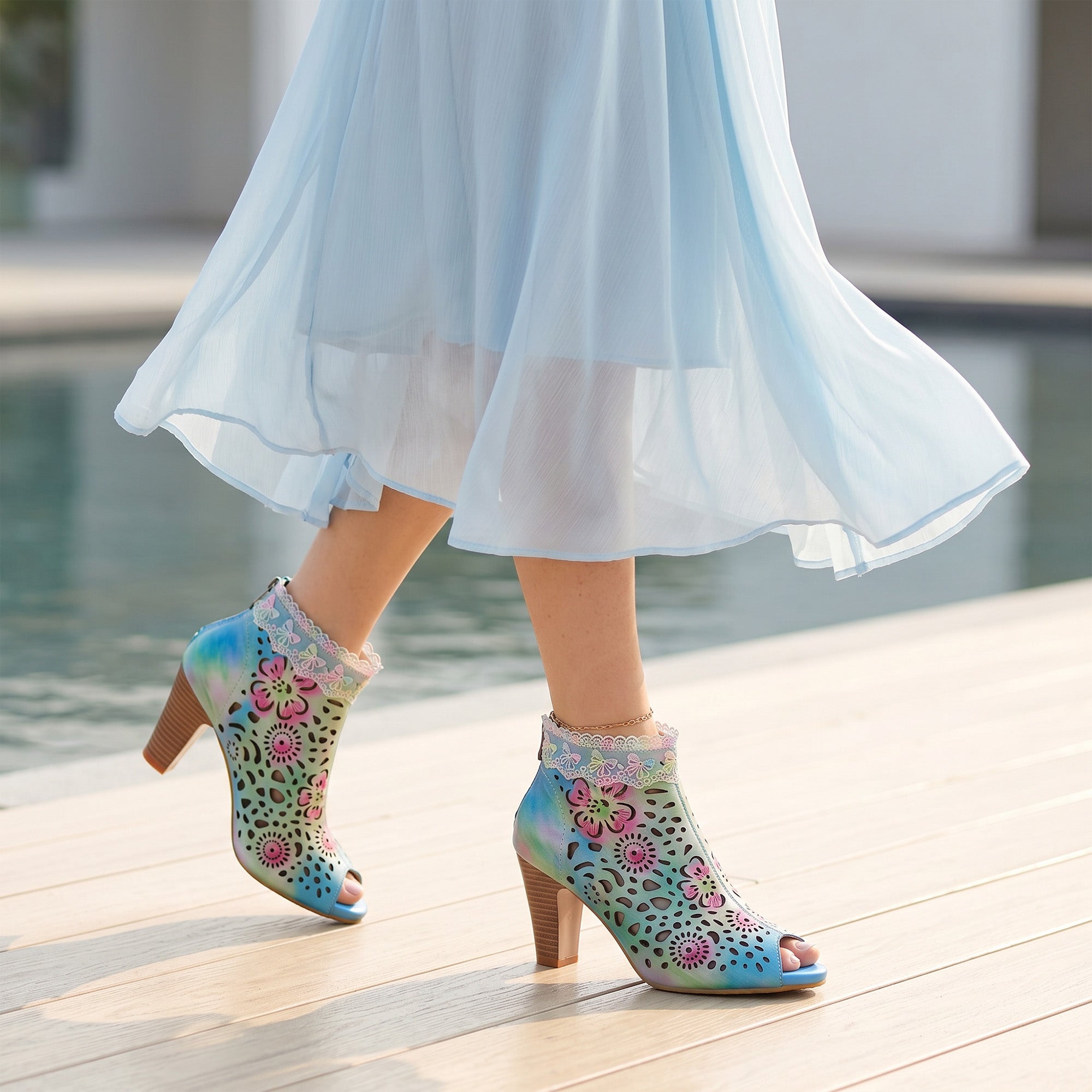 Iridella™ | Gradient Floral Cutout Lace Trim Sandal Bootie
