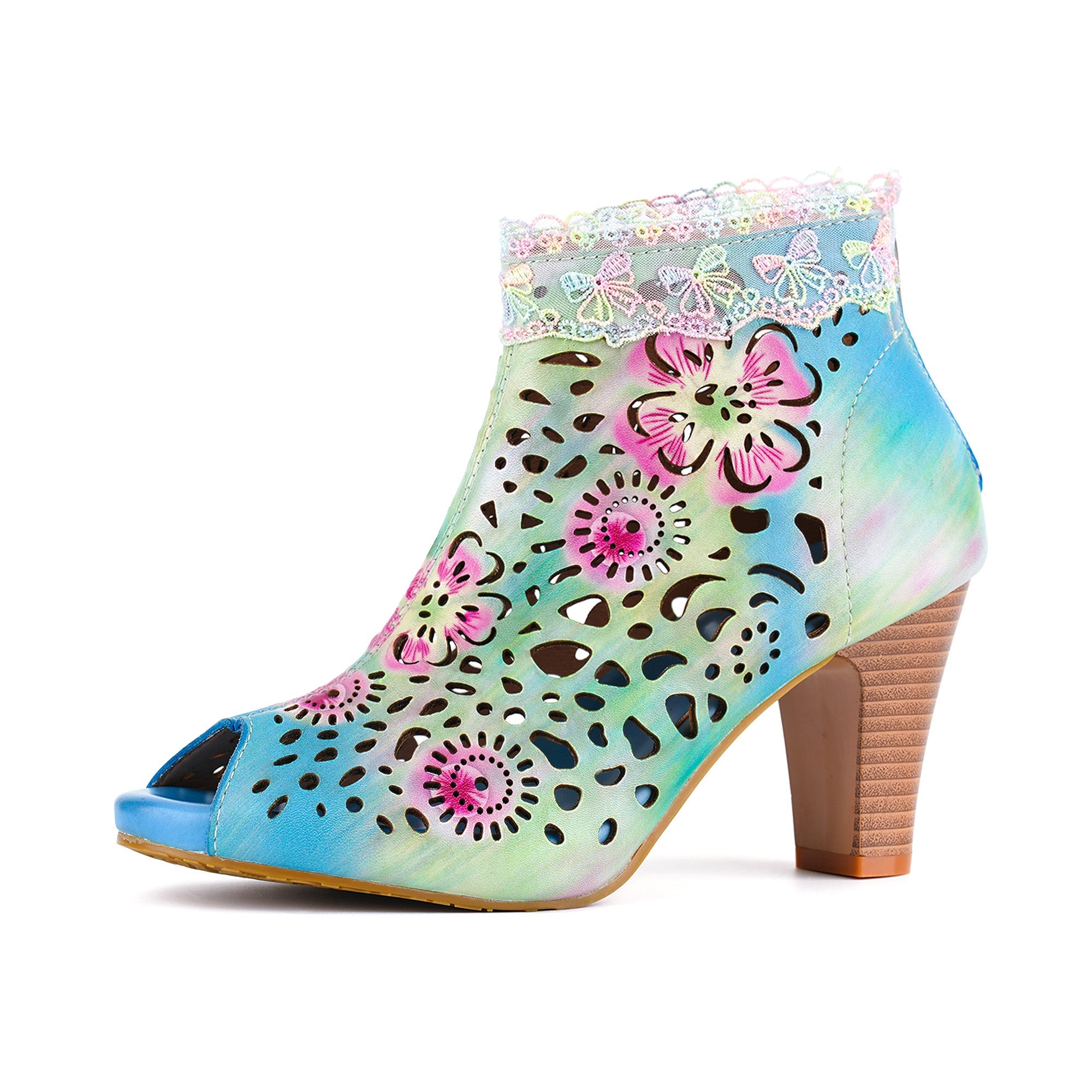 Iridella™ | Gradient Floral Cutout Lace Trim Sandal Bootie