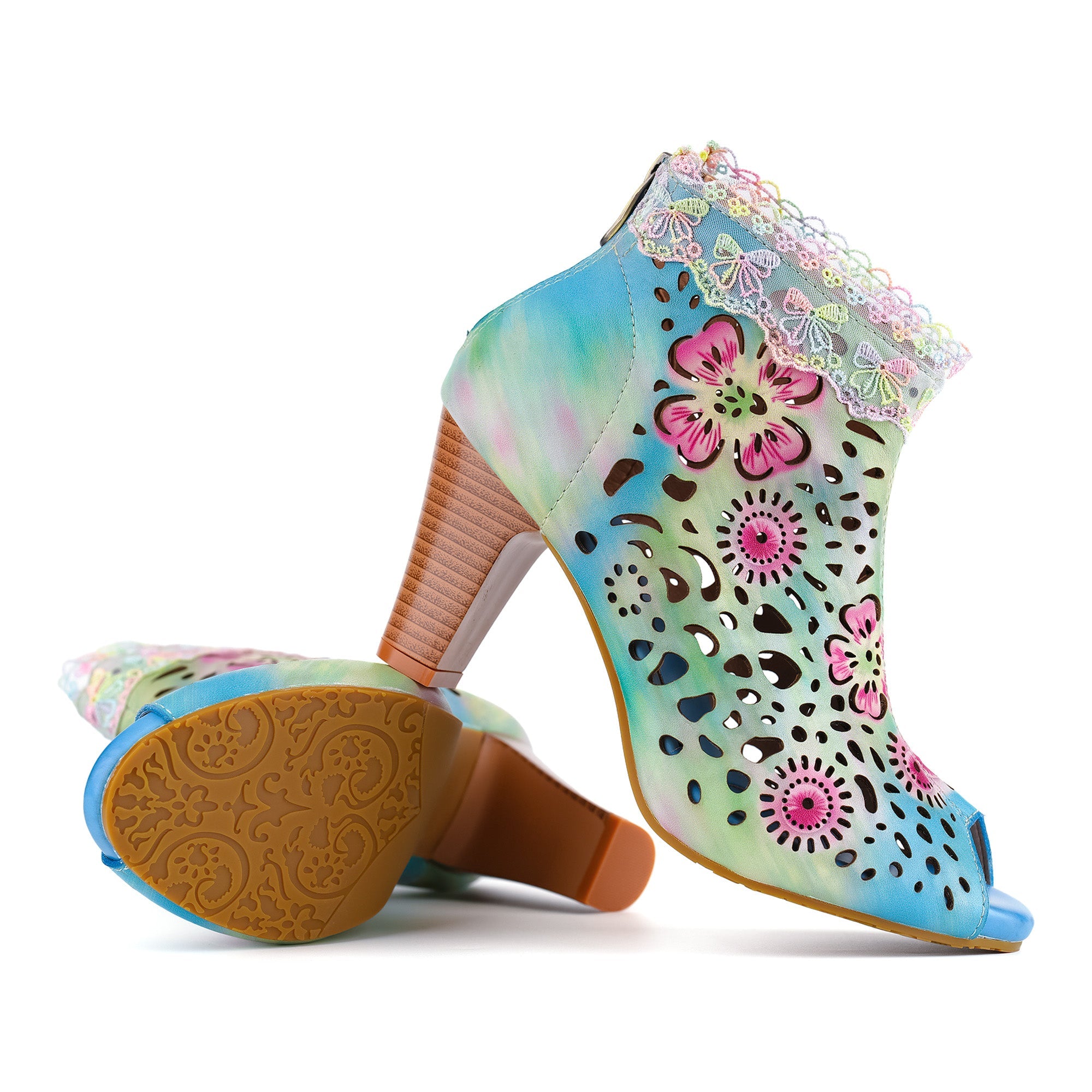 Iridella™ | Gradient Floral Cutout Lace Trim Sandal Bootie