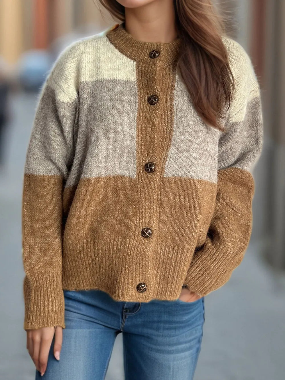 Elowyn™ | Color Block Round Neck Button-Up Cardigan