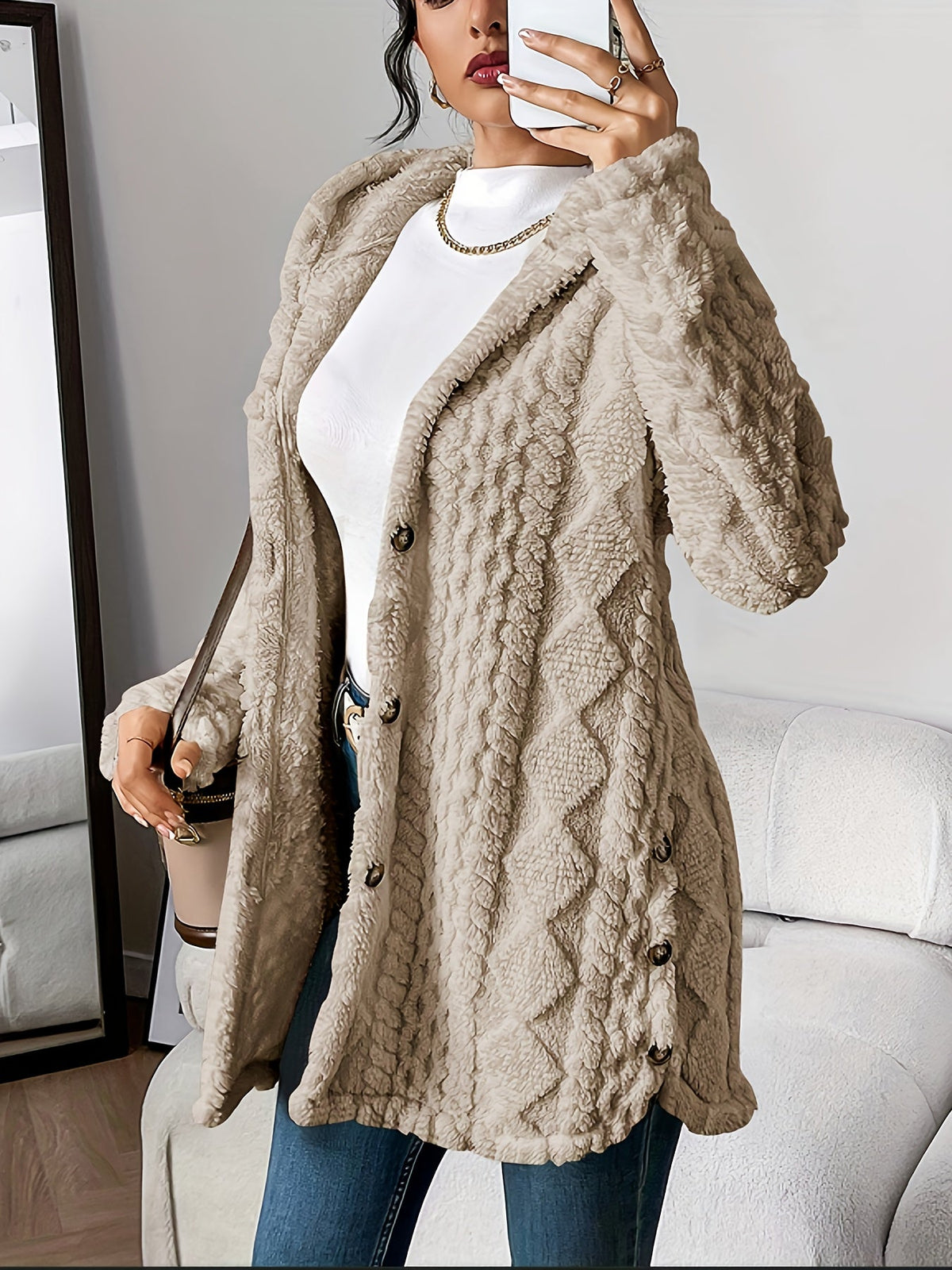 Women's Coat with Hood and Button Closure
