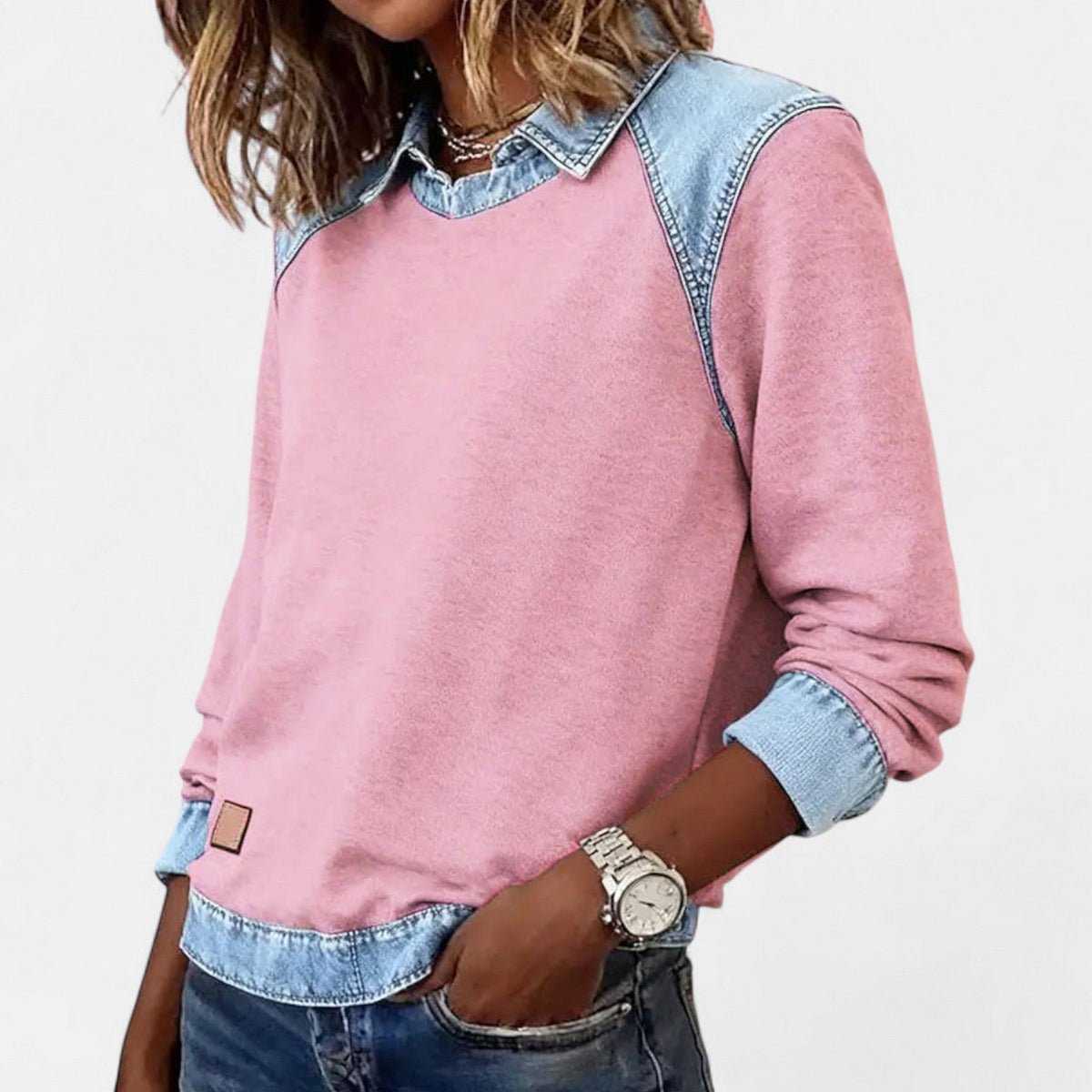 Ruth | Women's Denim Patchwork Collared Sweatshirt