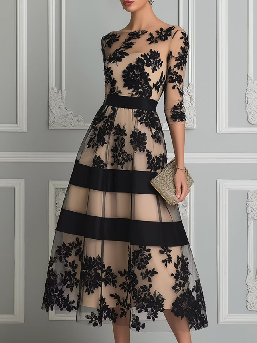Helena™ | Floral Embroidered A-Line Midi Dress