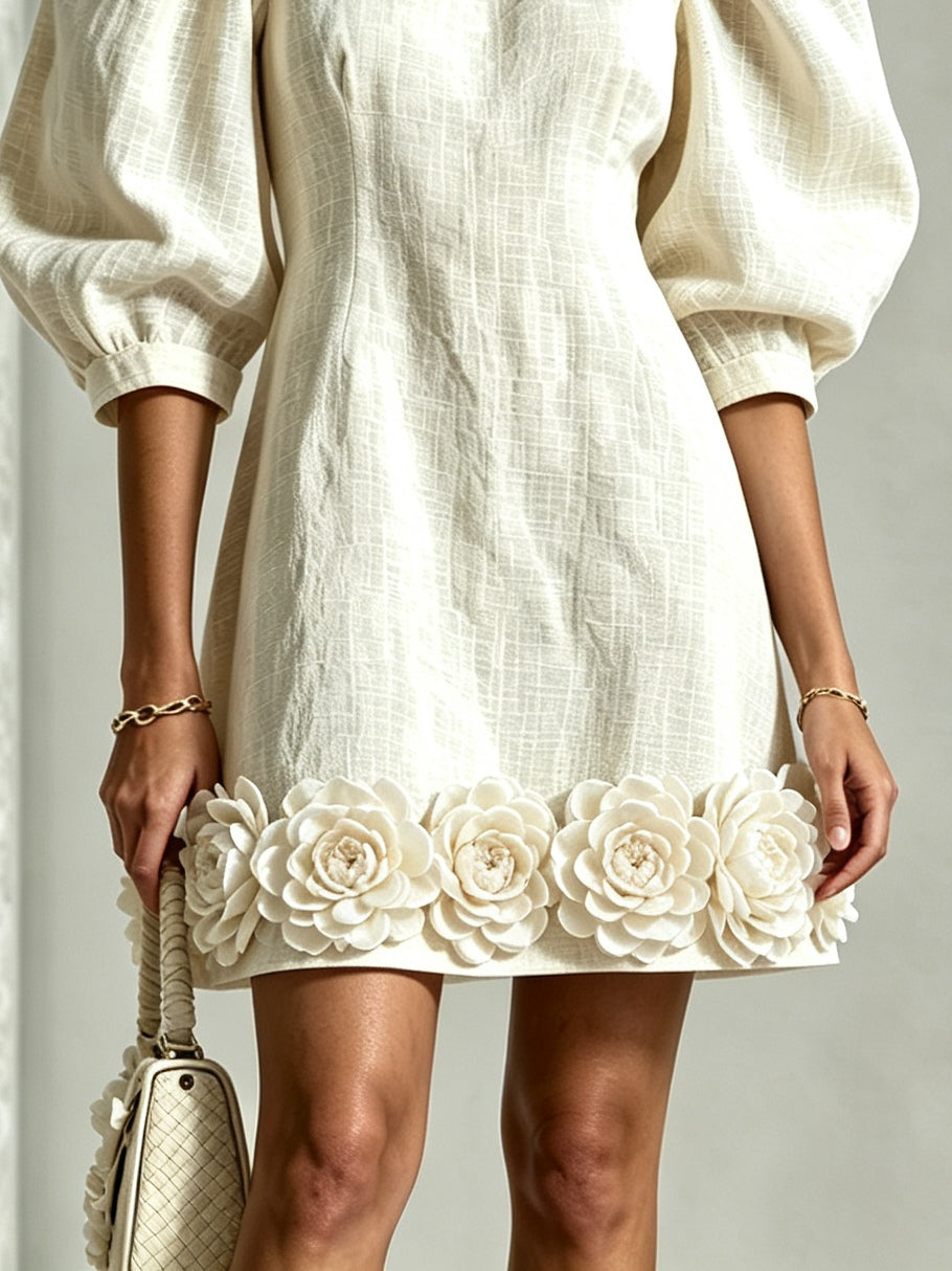 Cressida | 3D Floral Puff-Sleeve Cotton-Linen Dress