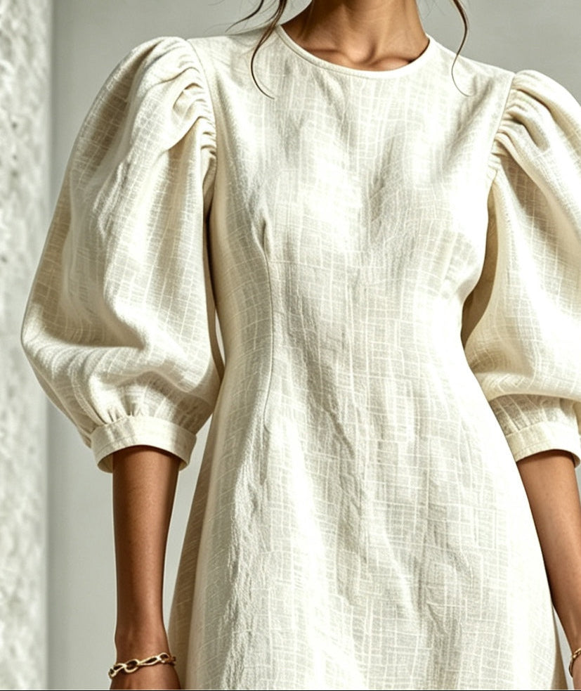 Cressida | 3D Floral Puff-Sleeve Cotton-Linen Dress