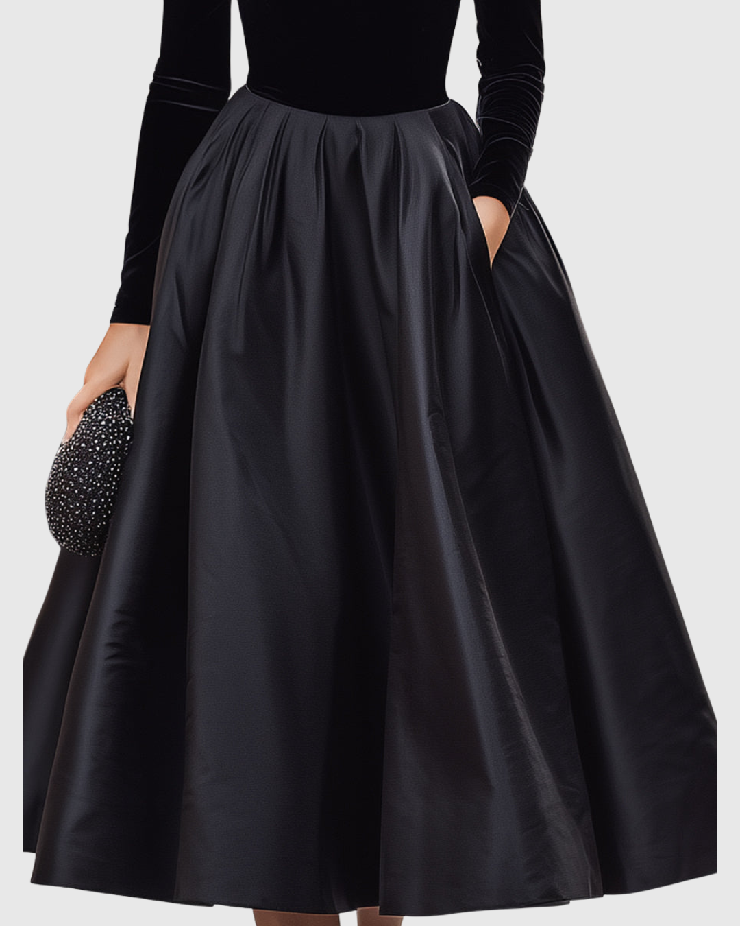 Elegant Black Velvet And Satin Midi Dress