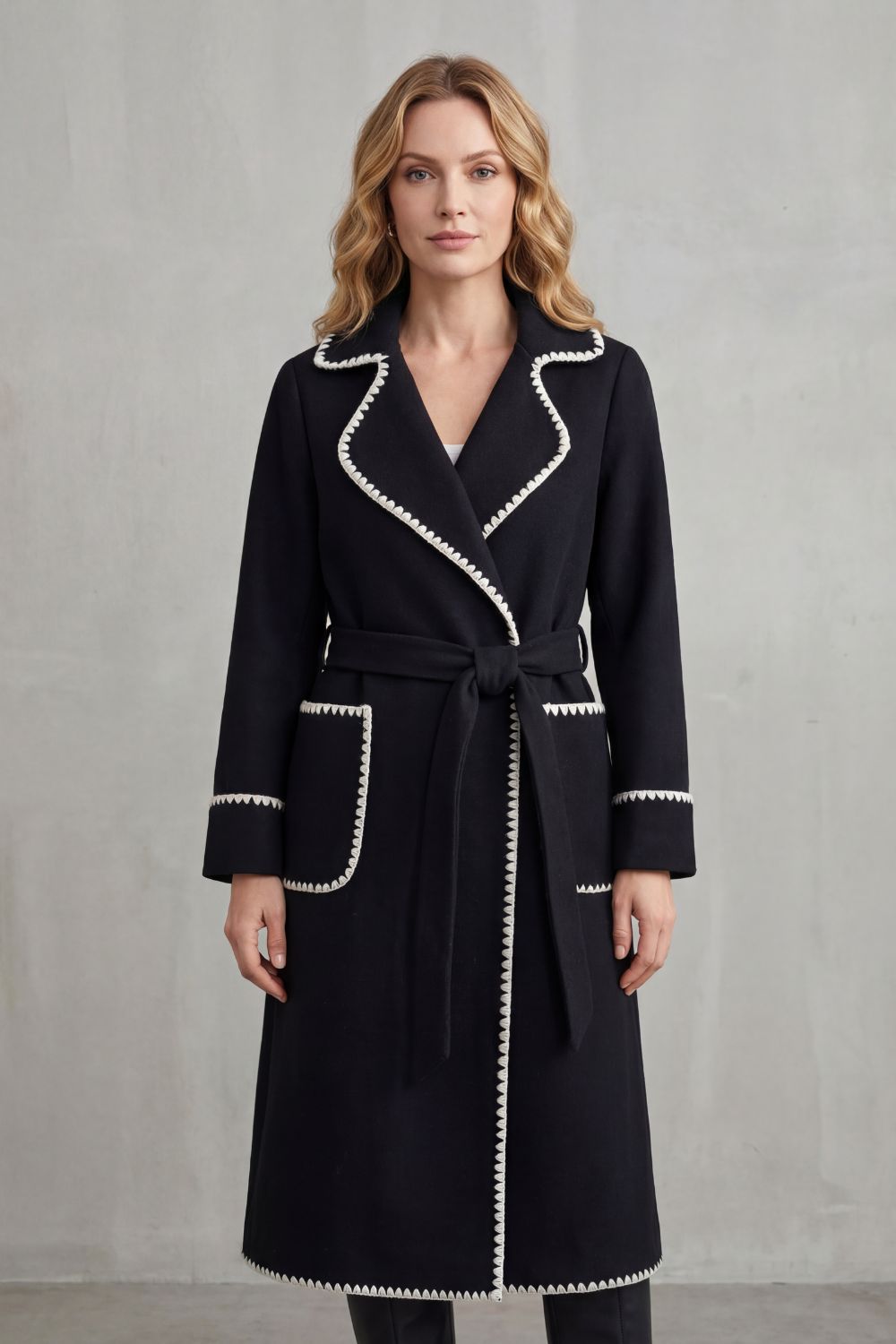 Women's Contrast Trim Longline Belted Coat