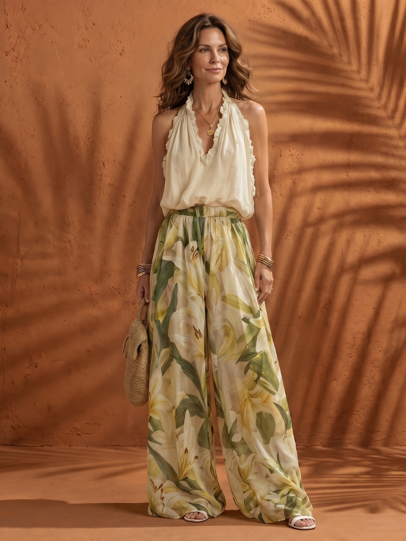 Mariselle™ | Halter Neck Blouse Floral Wide Leg Set