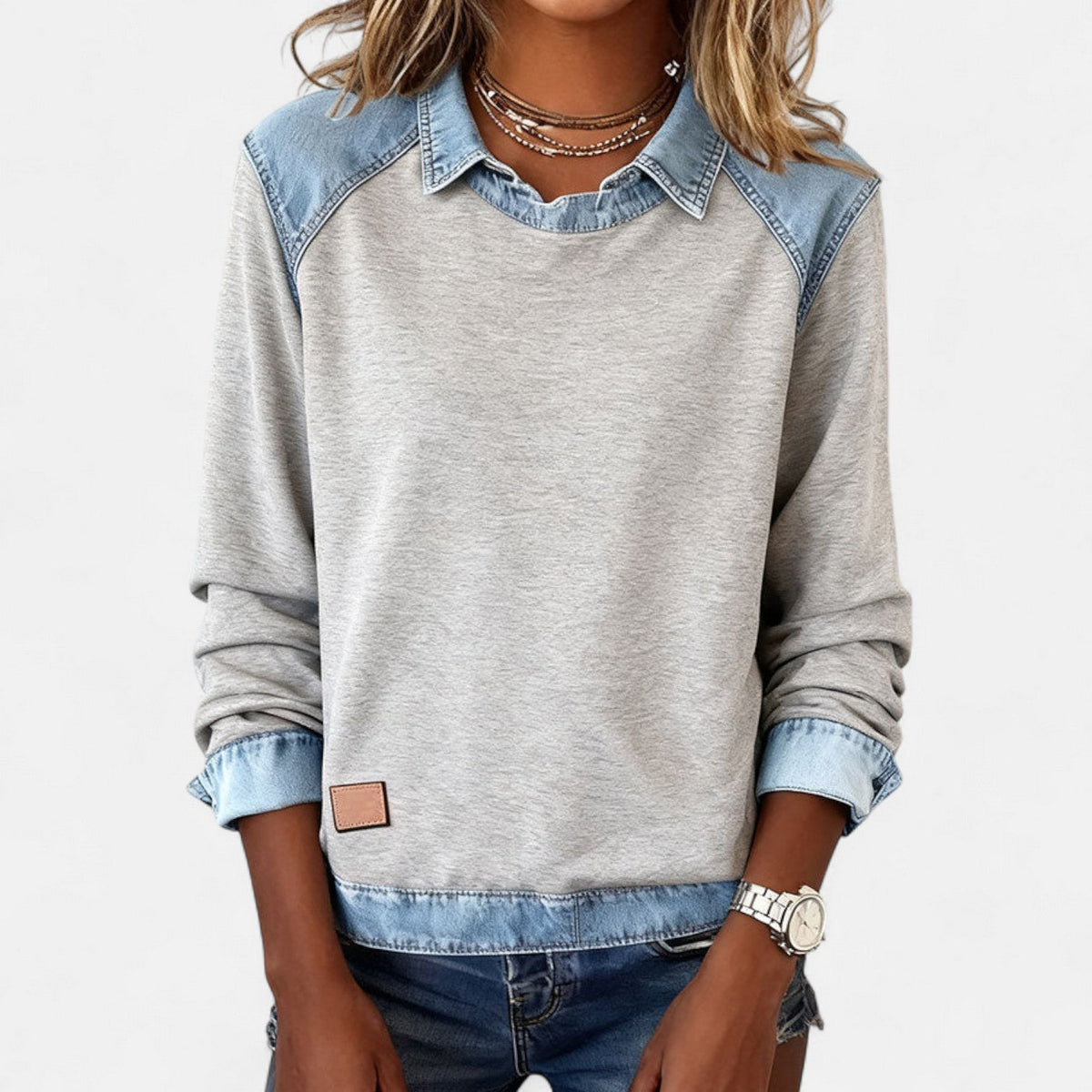 Ruth | Women's Denim Patchwork Collared Sweatshirt