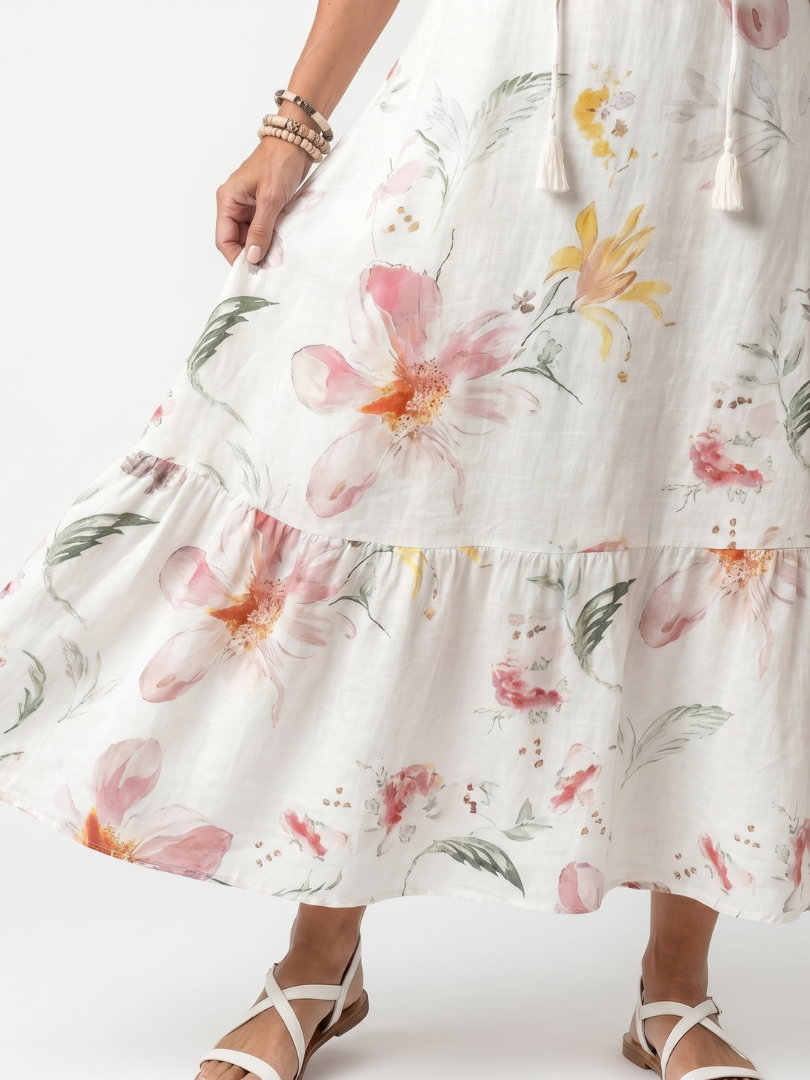 Delara™ | Soft Floral Tiered Tassel Midi Dress