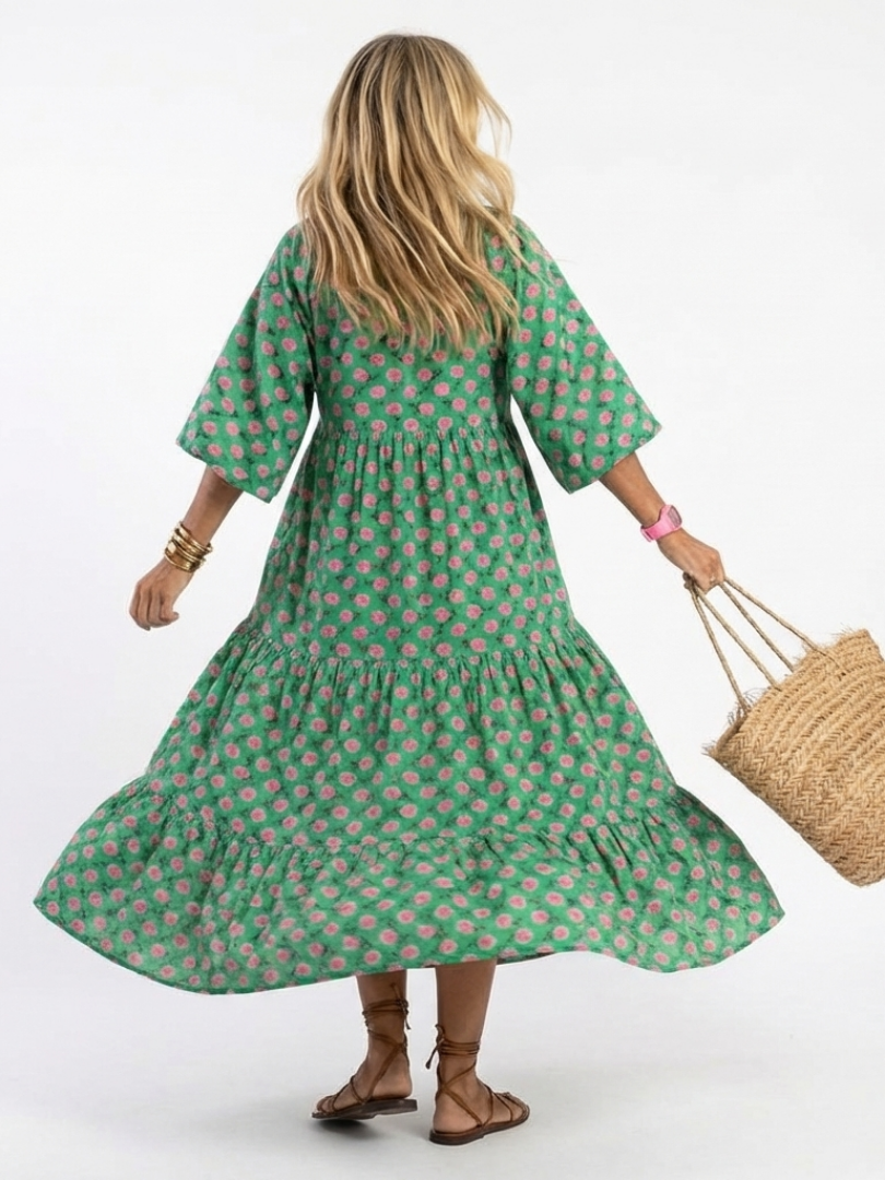 Fleuranne™ | Floral Print V-Neck Tiered Midi Dress