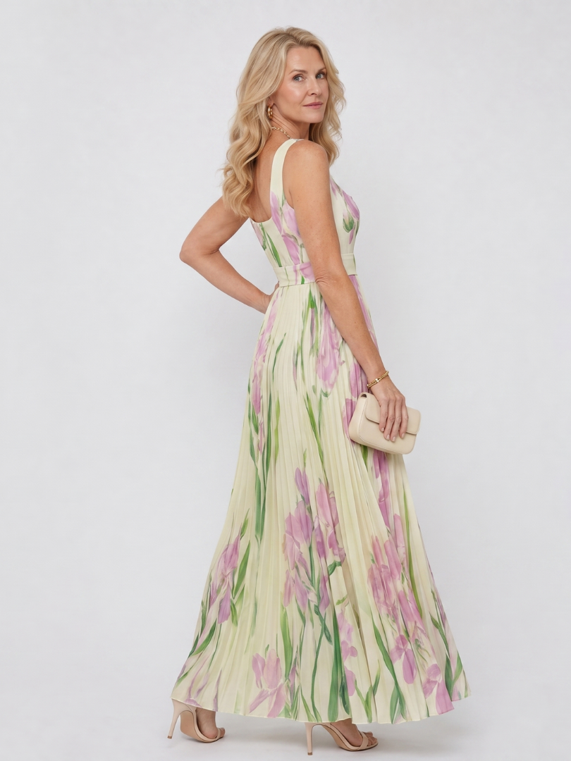 Glorine™ | Sleeveless Floral Pleated Maxi Dress with Square Neckline