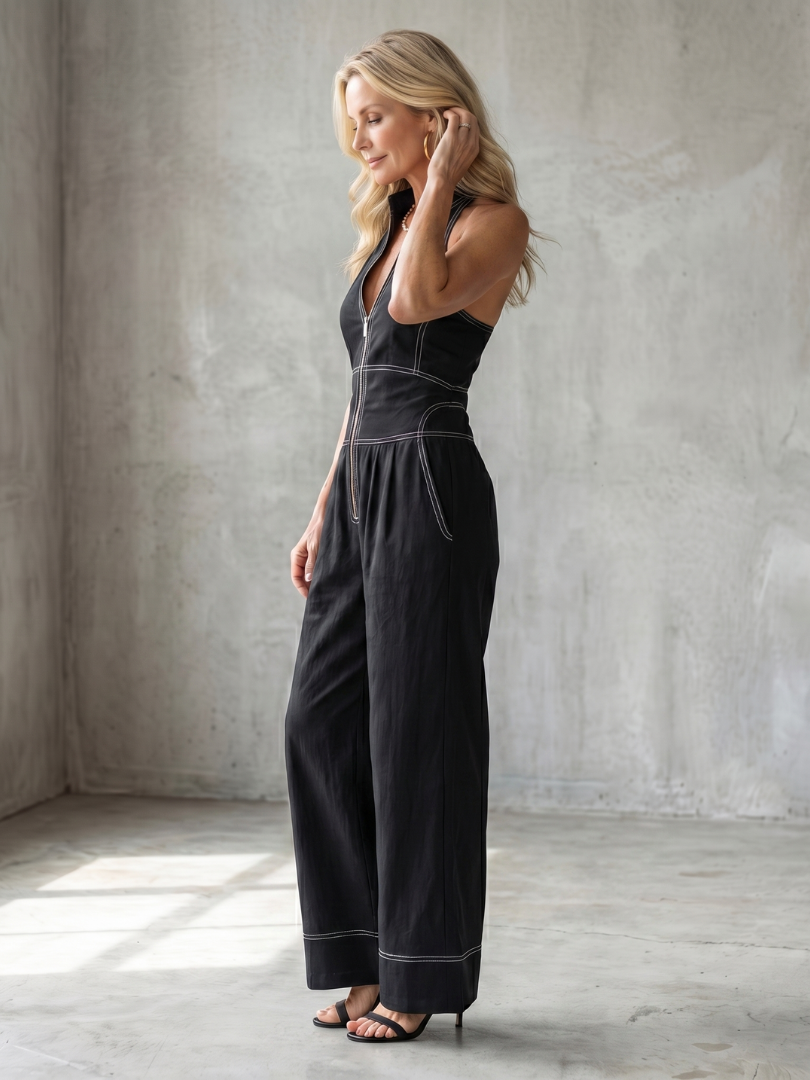 Alandra™ | Zip Front Contrast Stitch Wide Leg Jumpsuit