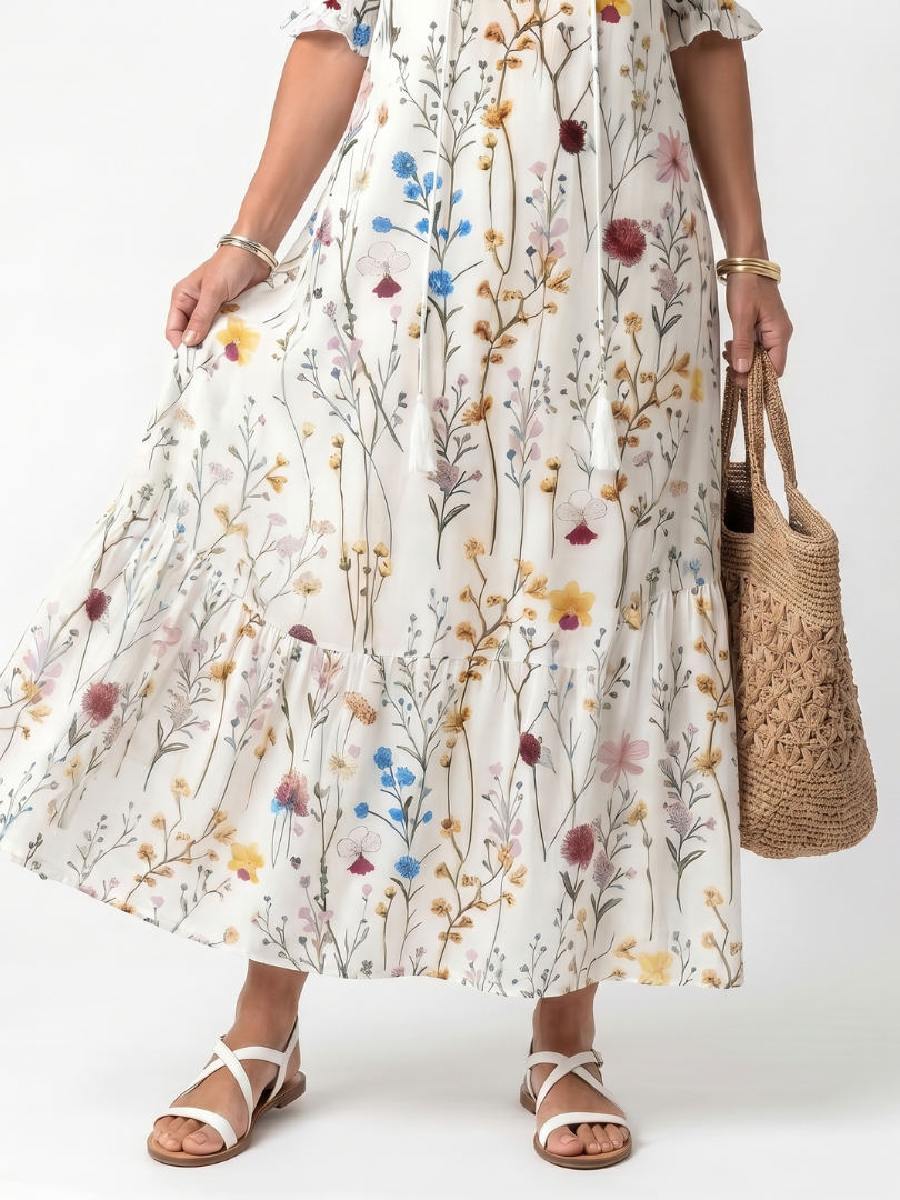 Arienne™ | Botanical Print Tassel Tie Midi Dress