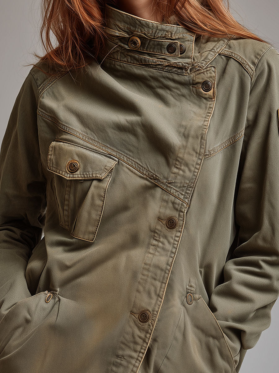 Galindra™ | Retro Stand Collar Slanted Placket Pocket Jacket