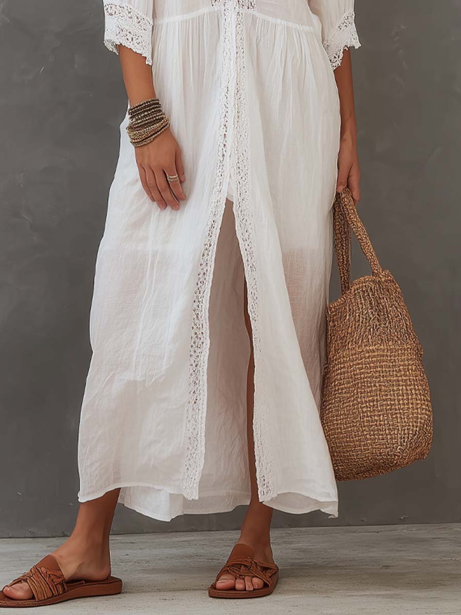 Kelowna™ | Vintage Lace-Trimmed Shirt Maxi Dress