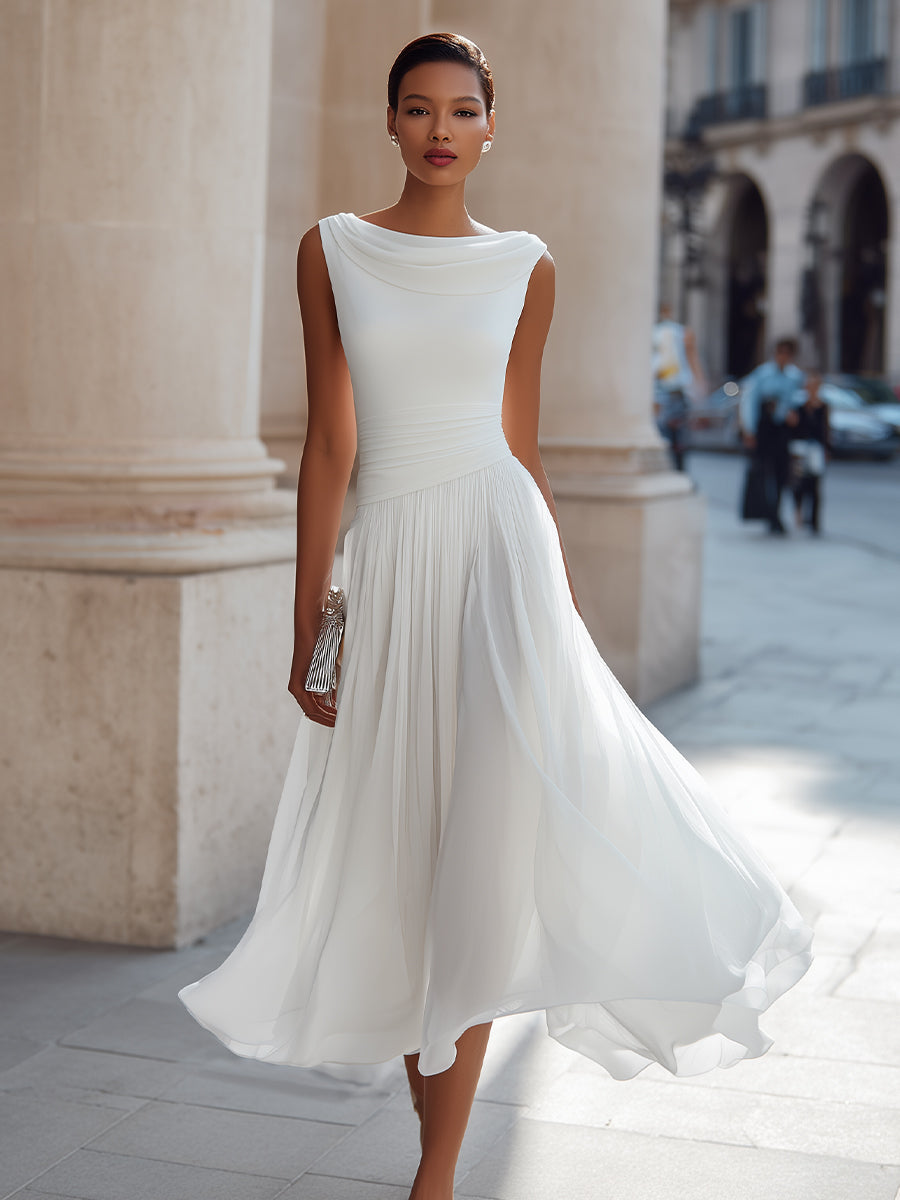 Kathleen™ | Draped Neckline Pleated Sleeveless Midi Dress