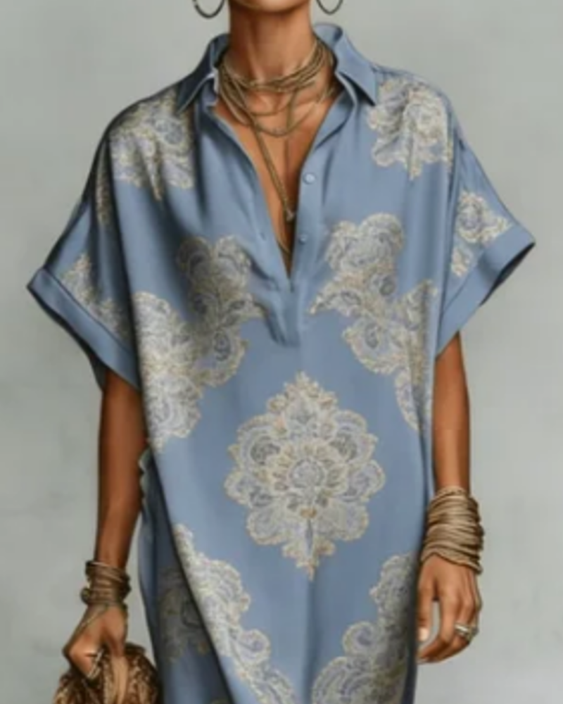 Celestia™ | Printed Collar Button Maxi Shirt Dress