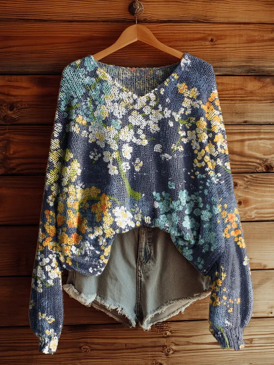 Harvestine™ | Retro Flowers Print V-Neck Sweater