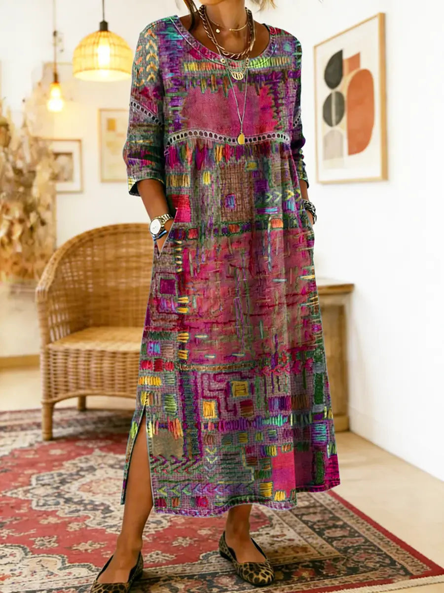 Frondine™ | Patchwork Ethnic Midi Dress