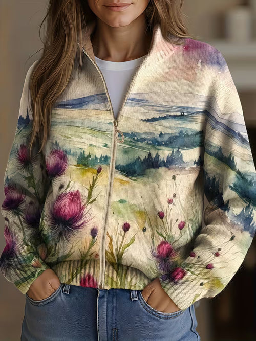 Zelda™ | Scottish Thistle Landscape Zip Cardigan