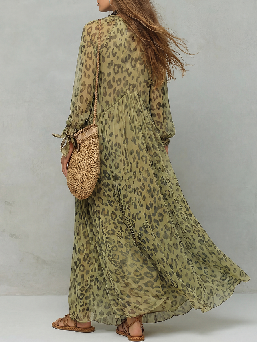 Lavara™ | Olive Green Leopard Print Long-Sleeve Bohemian Maxi Dress