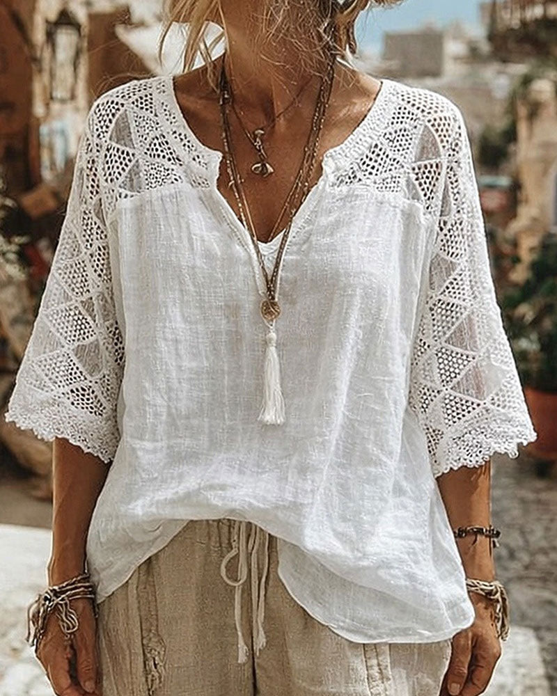 Corinne™ | V-Neck Blouse with Lace Detail