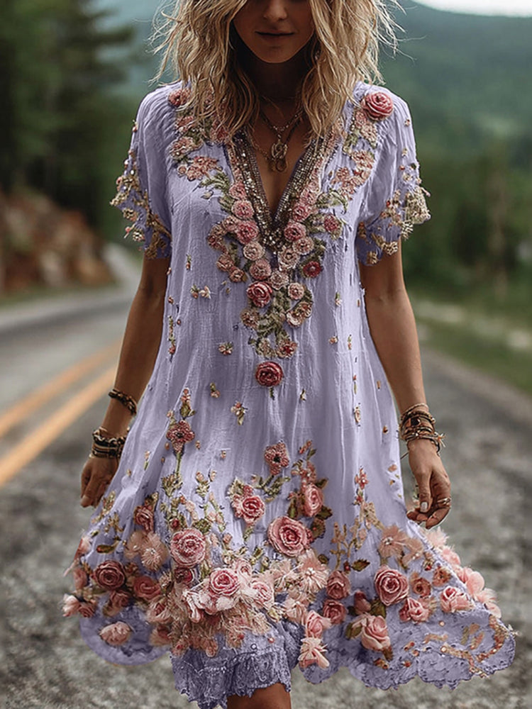 Rosamund™ | Vintage Floral Embroidered Short-Sleeve Dress