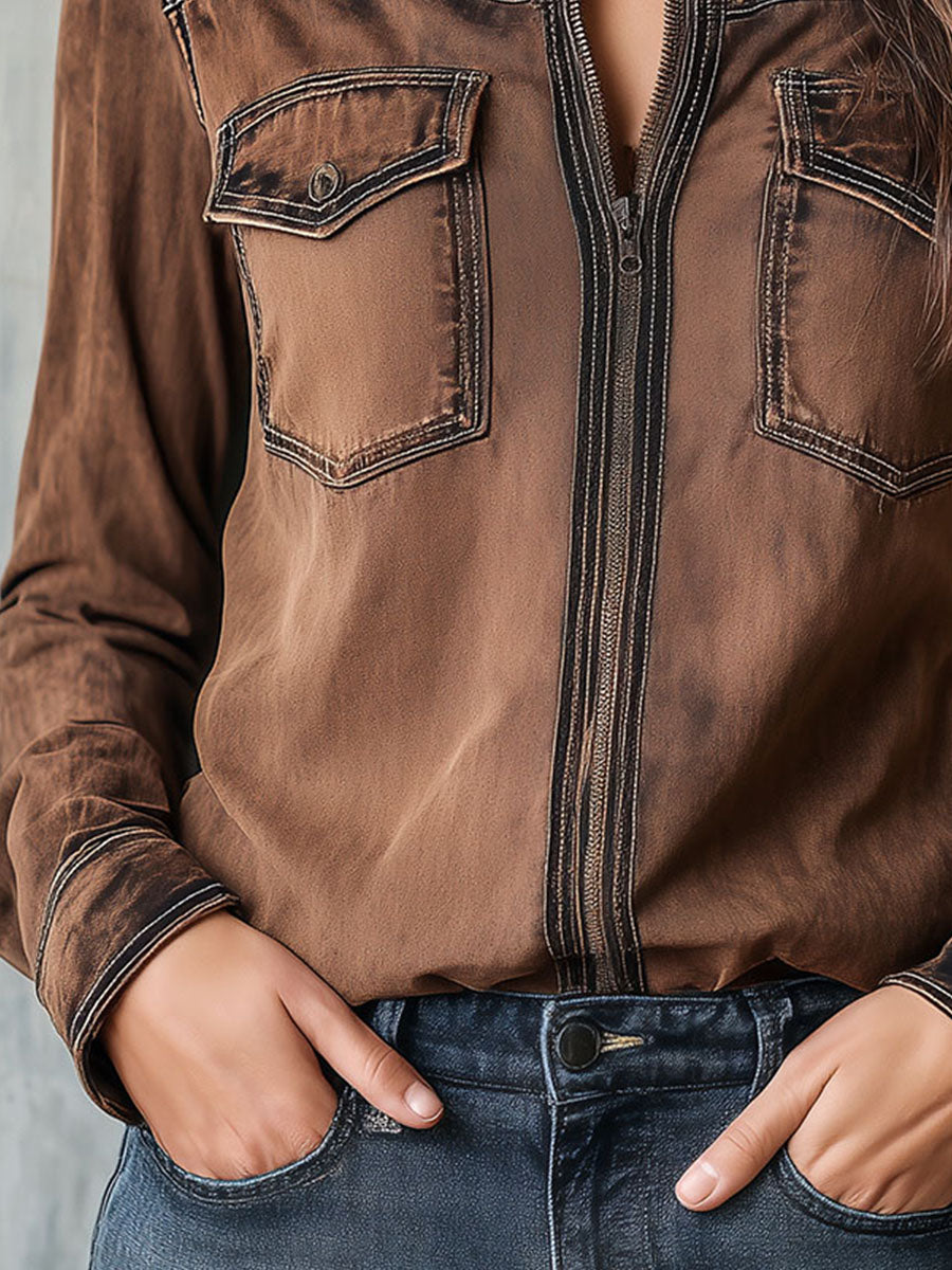 Hildra™ | Vintage Washed Contrast Stitching Utility Zip Shirt Jacket