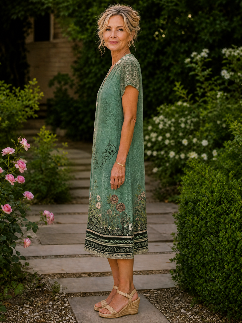Rosemary™ | Floral V-Neck Short Sleeve Midi Dress
