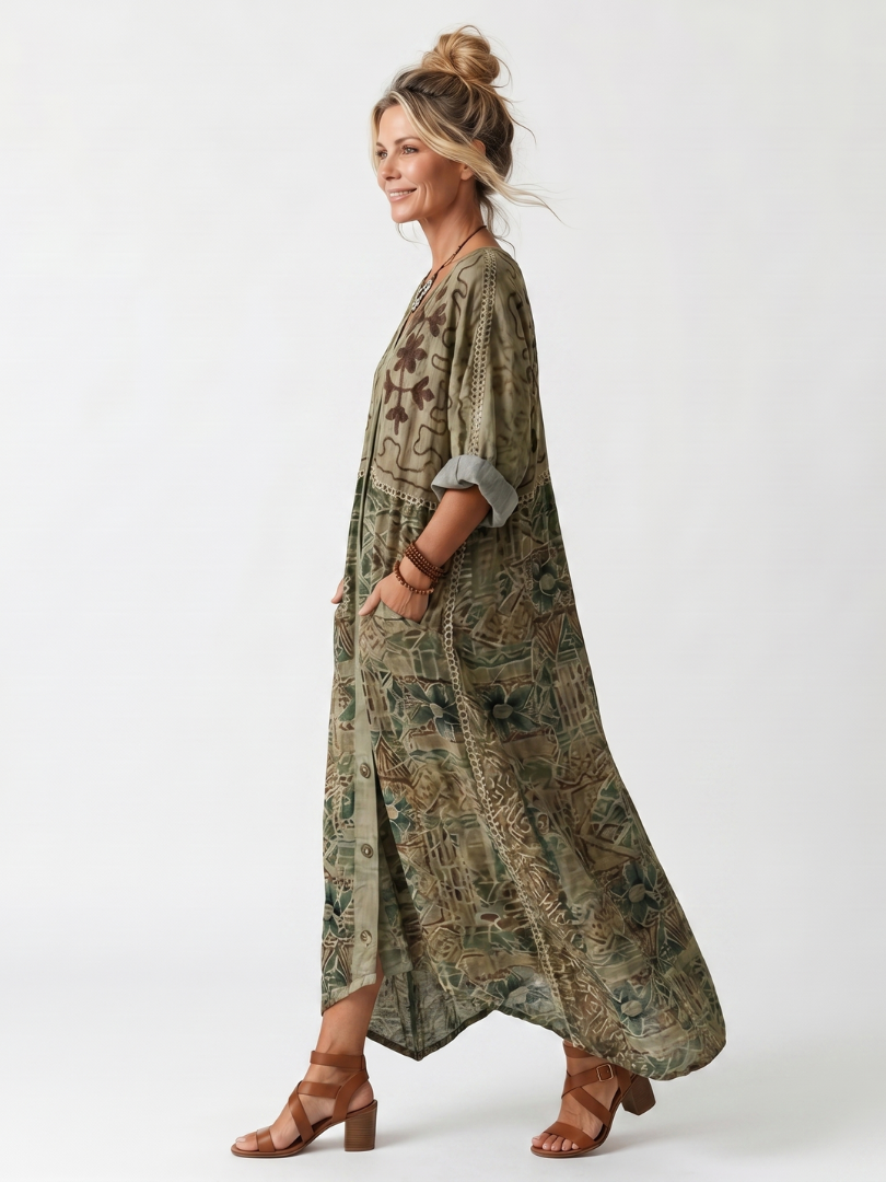 Eulara™ | Oversized Button-Front Midi Dress with Pockets