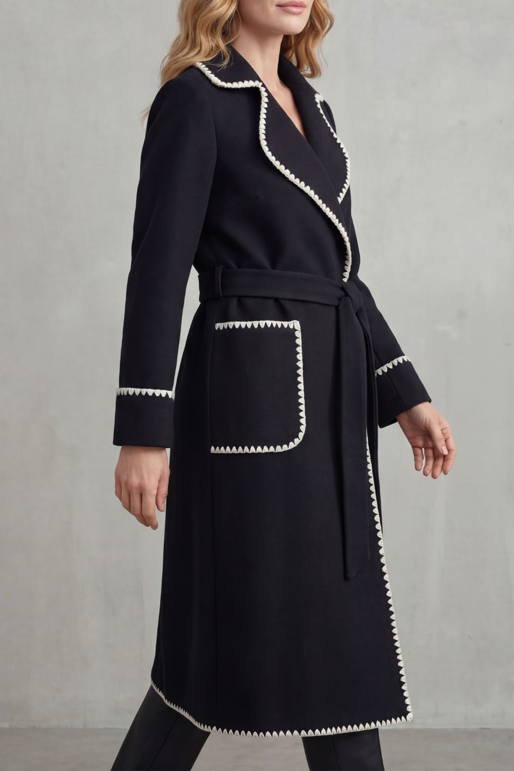 Women's Contrast Trim Longline Belted Coat