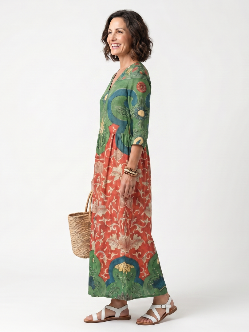 Carmela™ | Mixed Print V-Neck Pocket Midi Dress