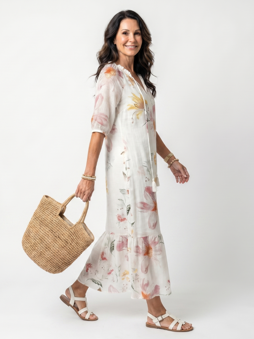 Delara™ | Soft Floral Tiered Tassel Midi Dress