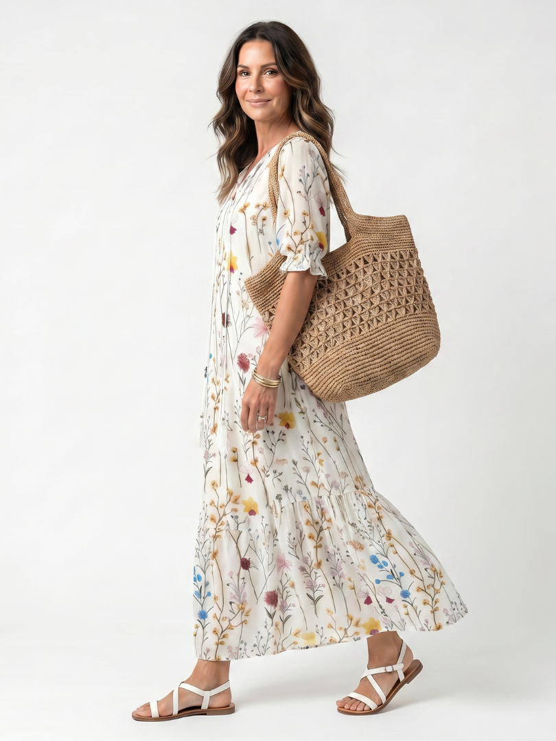 Arienne™ | Botanical Print Tassel Tie Midi Dress