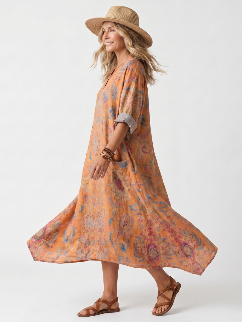 Lavaine™ | Notch Neck Printed Oversized Pocket Midi Dress