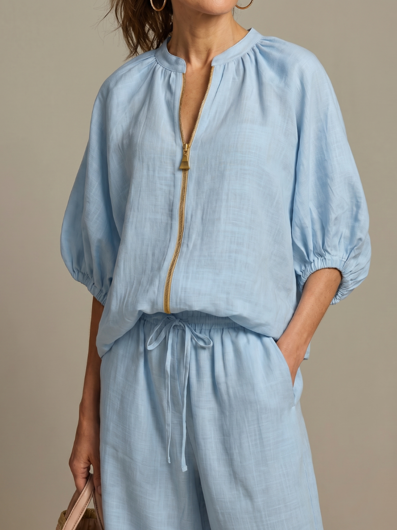 Noelle™ | Zip Front Blouson Top Wide Leg Set