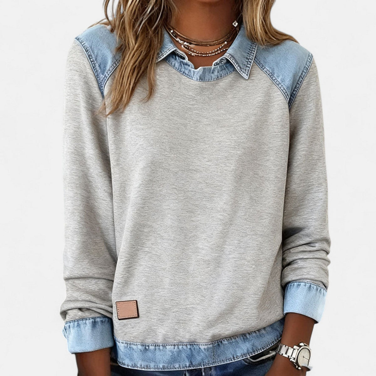 Ruth | Women's Denim Patchwork Collared Sweatshirt
